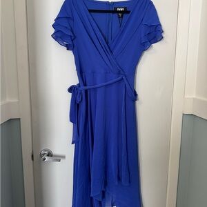 DKNY Cobalt Blue High-Low Wrap Dress with Ruffle Sleeves